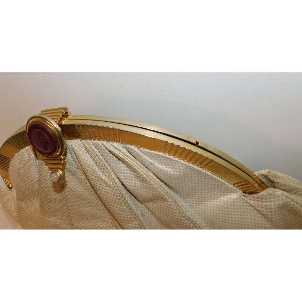 Judith Leiber Large Beige Karung Leather‎ Pink Quartz Cameo Clutch Shoulder Bag